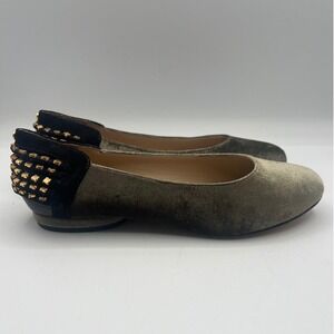 Kat Maconie Studded Velvet Ballet Flats Womens 5B Olive Green Gold Hardware